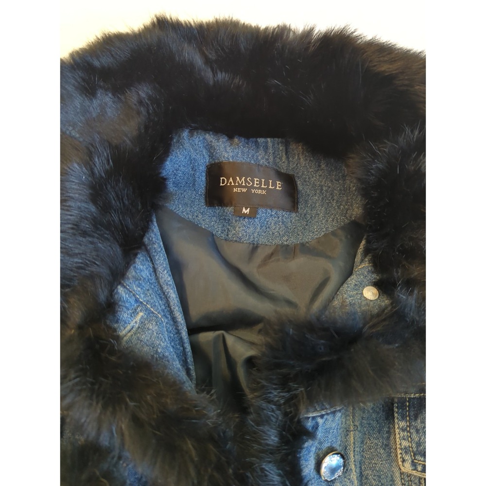 Y2K Damselle New York Denim Jacket M Fur Trim Collar Cuffs Lined Glam Edgy Chic